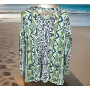 LOGO Lori Goldstein Wms Spring Cardigan L Green Mixed Print Boho Tunic Artful